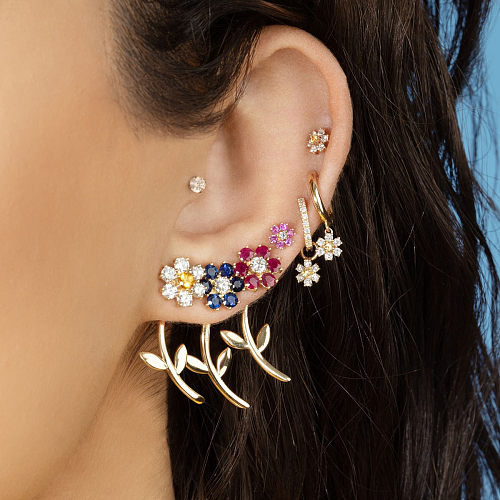 Brincos de orelha de latão estilo francês flores com gema de cobre