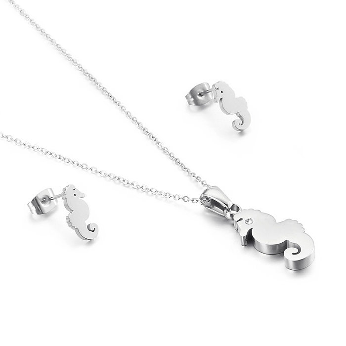 Stainless Steel Necklace And Earrings Two-piece New Creative Seahorse Animal Jewelry