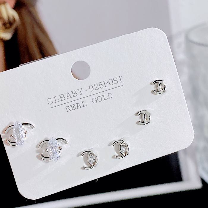 Simple Style Geometric Heart Shape Bow Knot Copper Plating Inlay Artificial Gemstones Ear Studs