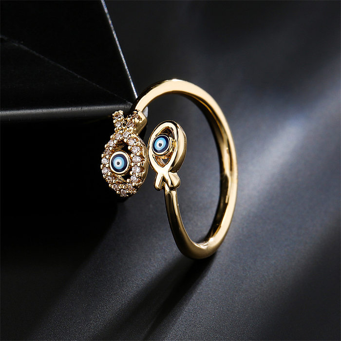 Moda pingando óleo olho do diabo anel de cobre banhado a ouro duplo design de peixe anel aberto geométrico