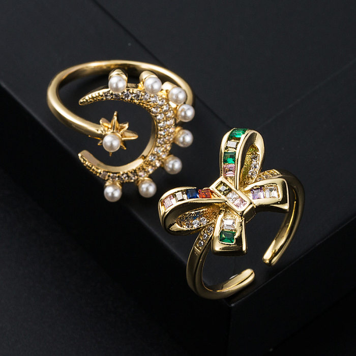 New Copper Gold-plated Micro-set Zircon Bow Star Moon Pearl Ring