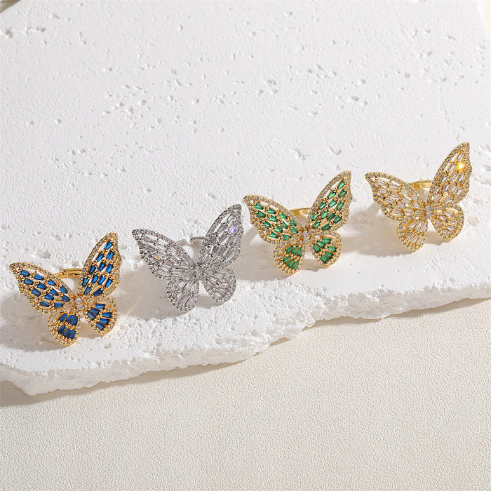 IG Style Simple Style Butterfly Copper Plating Inlay Zircon 14K Gold Plated White Gold Plated Open Rings