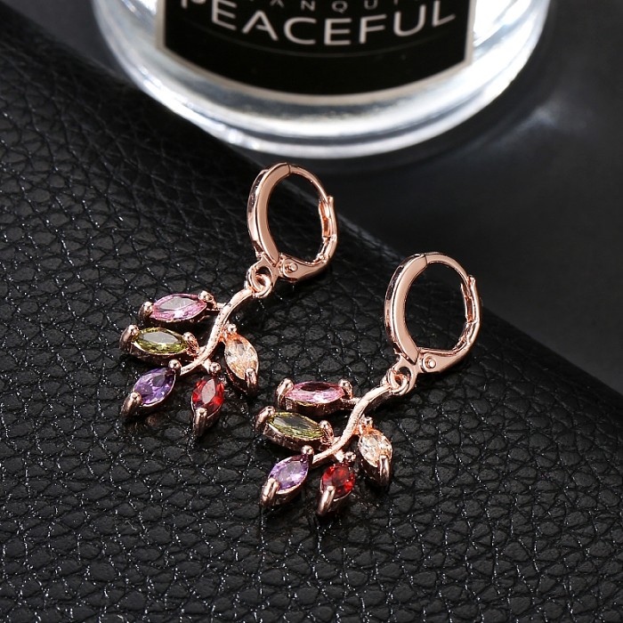 Collier de boucles d'oreilles en Zircon plaqué or Rose, Style luxueux et Simple, avec incrustation de cuivre et de fleurs