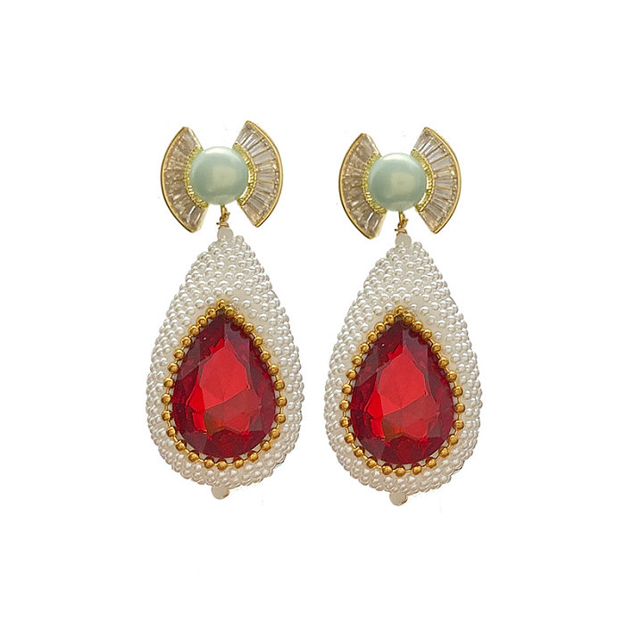 Boucles d'oreilles en cuivre et Zircon, 1 paire de gouttelettes d'eau brillantes de Style IG, incrustation de perles artificielles