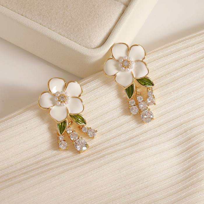 1 Pair Fairy Style Sweet Tassel Flower Plating Inlay Copper Zircon 14K Gold Plated Drop Earrings