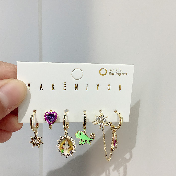 Yakemiyou Sweet Cartoon Copper Asymmetrical Enamel Zircon 14K Gold Plated Earrings