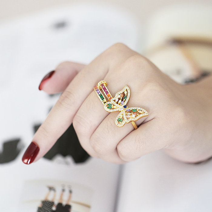 Hip-Hop Butterfly Copper Gold Plated Zircon Open Ring 1 Piece