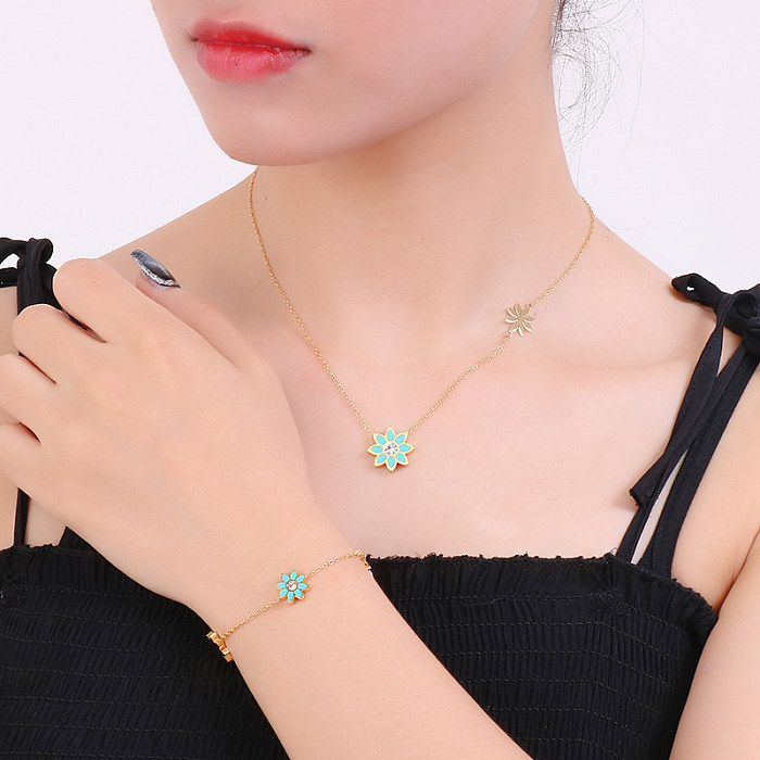 Sweet Pastoral Simple Style Flower Titanium Steel Enamel Plating Inlay Artificial Diamond 18K Gold Plated Bracelets Necklace Jewelry Set