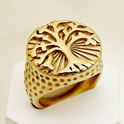 Anéis banhados a ouro com revestimento de aço inoxidável de árvore retrô estilo romano