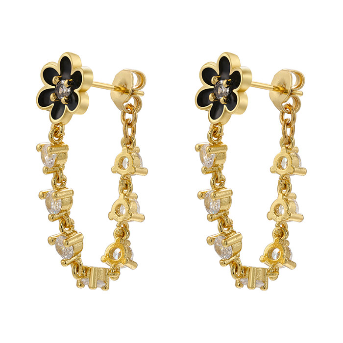 1 Pair Sweet Flower Copper Enamel Plating Inlay Zircon 18K Gold Plated Earrings