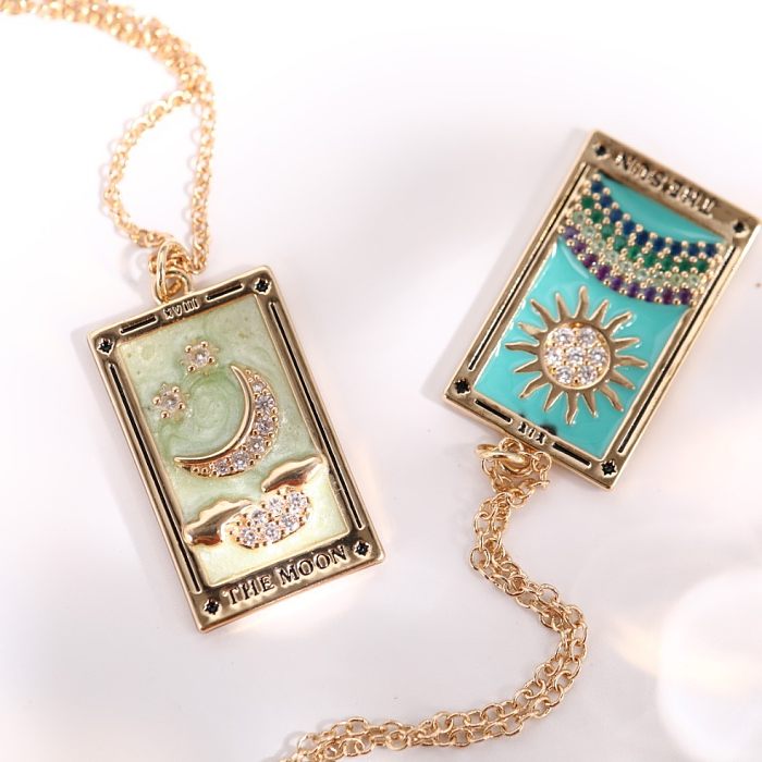 Tarot Card Dripping Oil Sun Moon Star Element Copper Zircon Necklace Female Wholesale
