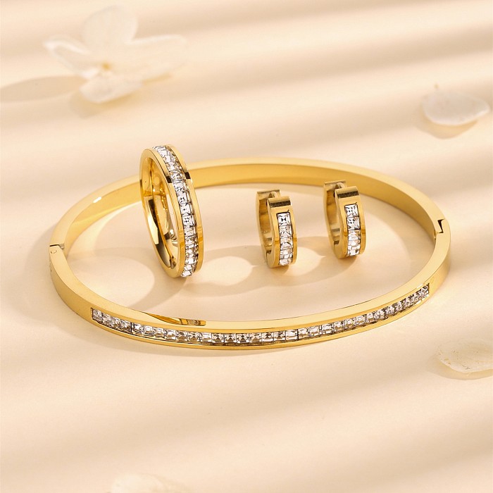 Elegante redondo cor sólida titânio chapeamento de aço strass embutidos anéis banhados a ouro 18K pulseiras brincos