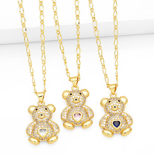 Niedliche Streetwear-Halskette mit kleinem Bären-Anhänger in Herzform, Kupfer, 18 Karat vergoldet, mit Zirkon, in großen Mengen