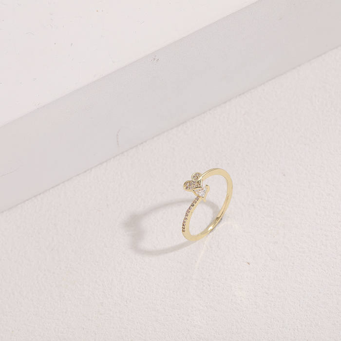 Elegant Heart Shape Butterfly Copper 14K Gold Plated Zircon Open Ring In Bulk