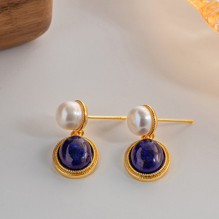 1 Paar Retro Oval Kupfer Inlay Künstliche Edelsteine ​​Perlen Tropfen Ohrringe