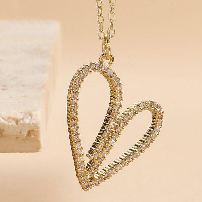 Elegante, luxuriöse, klassische Herzform, Kupfer, unregelmäßige Beschichtung, Intarsien, künstliche Perlen, Zirkon, 14 Karat vergoldet, Anhänger-Halskette