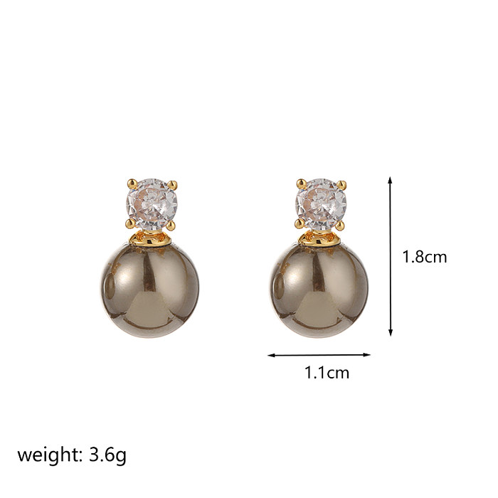 1 Pair IG Style Ball Plating Inlay Copper Freshwater Pearl Zircon 18K Gold Plated Ear Studs