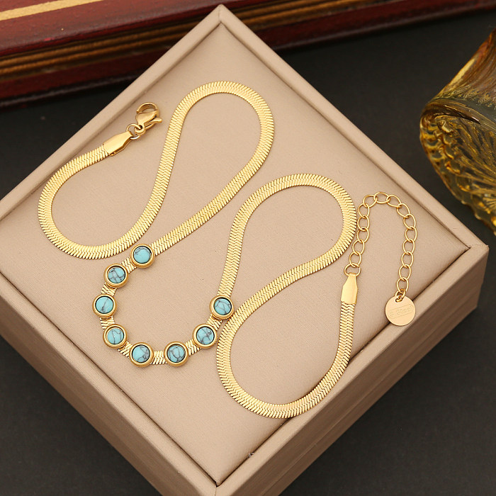 Élégant Style Vintage rond en acier inoxydable placage incrustation Turquoise Bracelets boucles d'oreilles collier