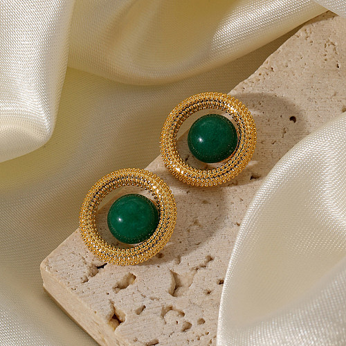 1 Pair Vintage Style Simple Style Roman Style Round Plating Inlay Copper Natural Stone 18K Gold Plated Ear Studs