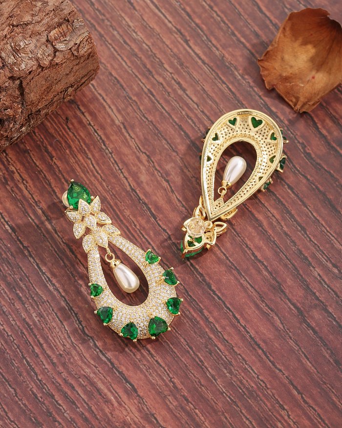 1 paire de boucles d'oreilles luxueuses en forme de cœur, Style Vintage, perle, Lotus, incrustation de cuivre et Zircon plaqué or 18 carats
