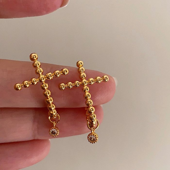 1 Pair Simple Style Cross Plating Copper Rhinestones 18K Gold Plated Drop Earrings