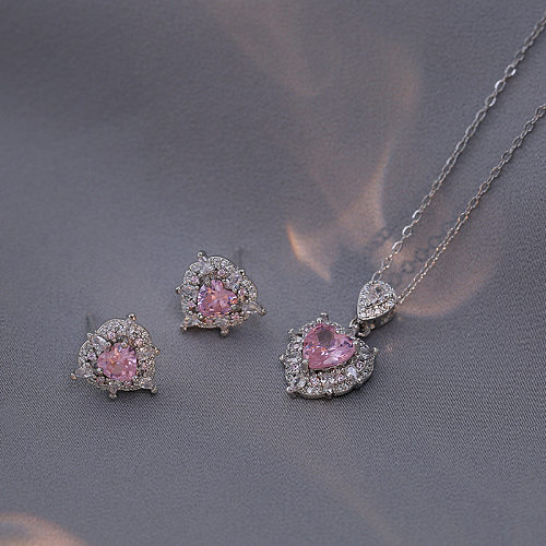 Sweet Heart Shape Titanium Steel Inlay Zircon Women'S Earrings Necklace Jewelry Set