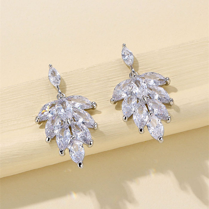 1 Pair Simple Style Leaf Plating Inlay Copper Zircon White Gold Plated Drop Earrings