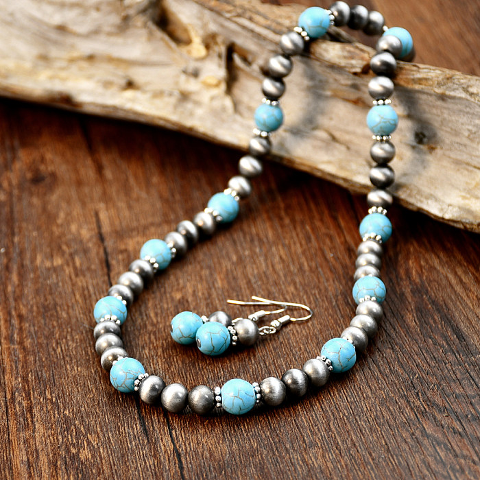 Style Vintage géométrique en acier inoxydable en plastique Turquoise perles argent plaqué boucles d'oreilles collier