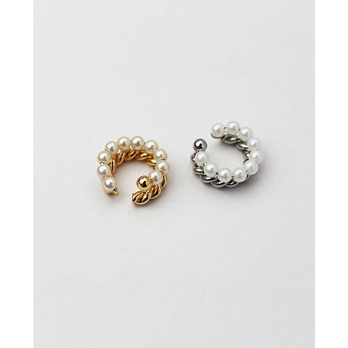 Modische Ohrclips mit geometrischem Kupfer-Inlay und künstlichen Perlen, 1 Stück