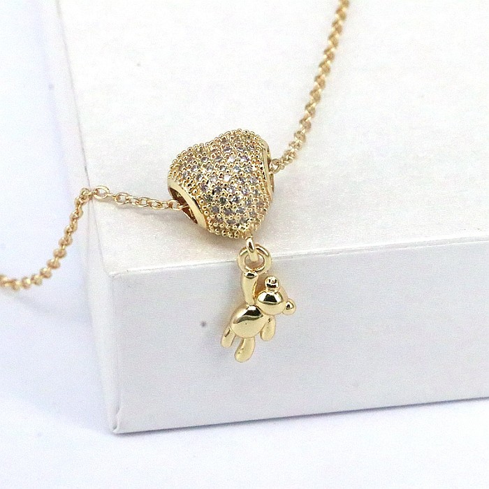 Collier pendentif en Zircon avec incrustation de cuivre en forme de cœur, petit ours de Style Simple