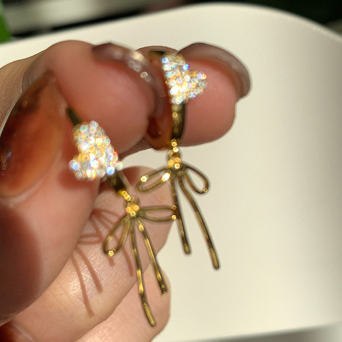 1 Pair Sweet Heart Shape Bow Knot Plating Inlay Copper Zircon Earrings