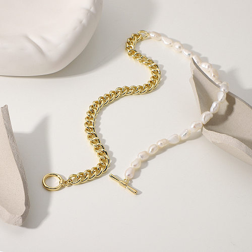 Collar de acero inoxidable con cadena de empalme de metal simple de media perla