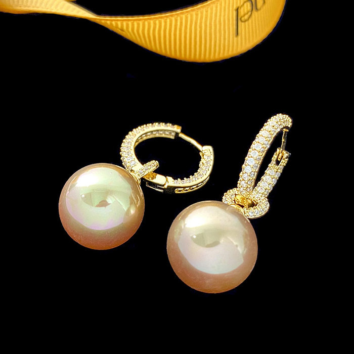 1 Paar Retro-Ohrringe mit einfarbigem Inlay, Nachahmung von Perlen, Kupfer und Zirkon