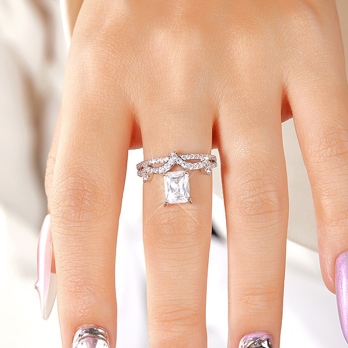 Casual Square Copper Rhinestone Inlay Zircon White Gold Plated Rings