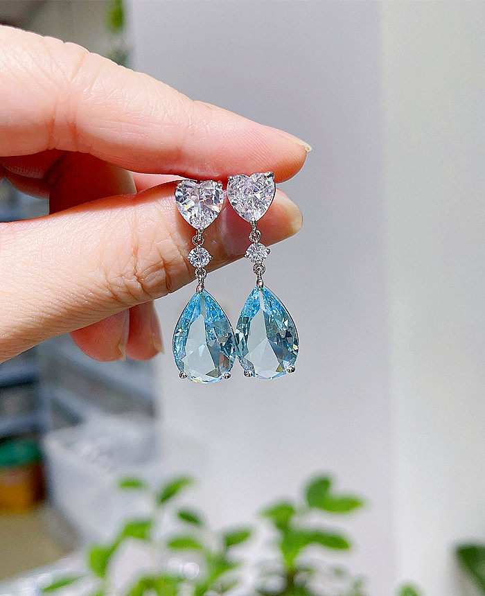1 Pair Glam Water Droplets Heart Shape Inlay Copper Artificial Crystal Zircon Drop Earrings