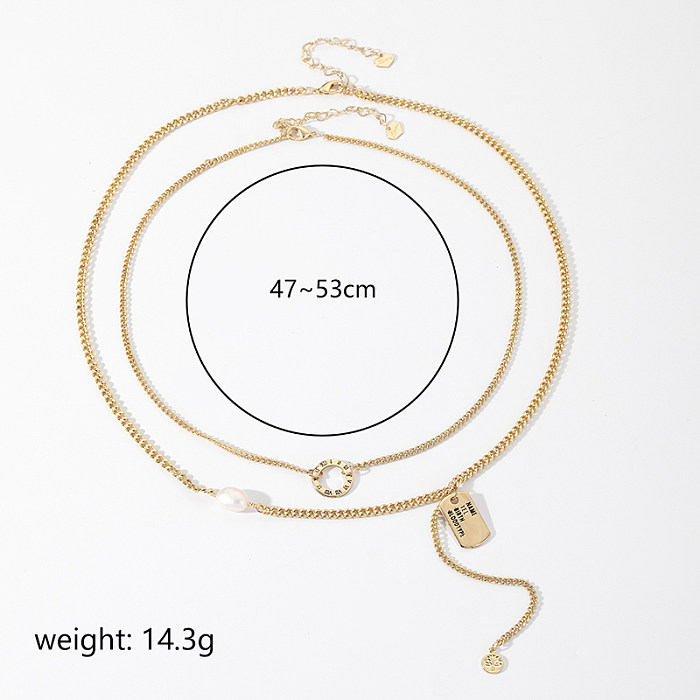 Vintage Style Circle Solid Color Rectangle Copper Plating Inlay Freshwater Pearl 14K Gold Plated Necklace