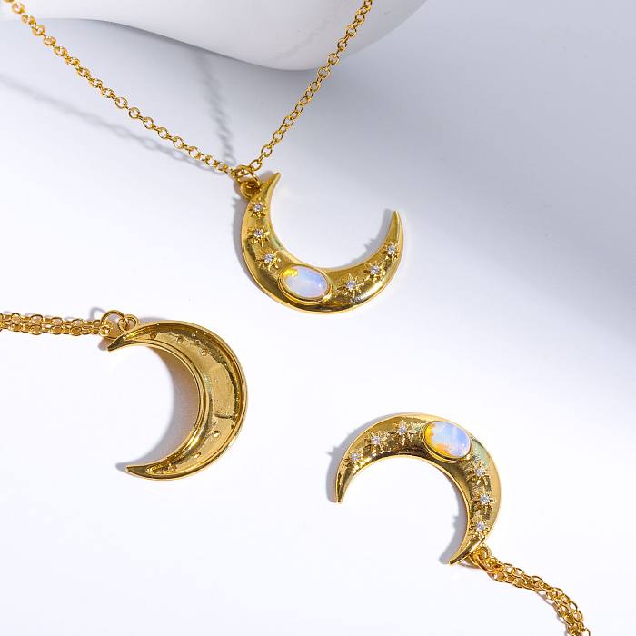 Casual Simple Style Moon Copper Plating Inlay Opal 18K Gold Plated Pendant Necklace