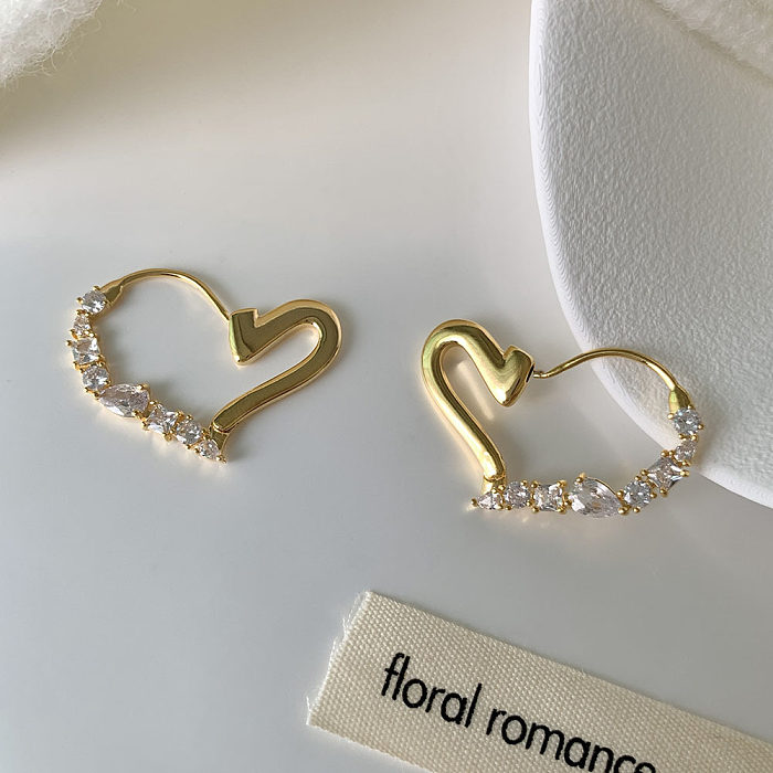 1 Pair Sweet Heart Shape Plating Inlay Copper Zircon 18K Gold Plated Earrings