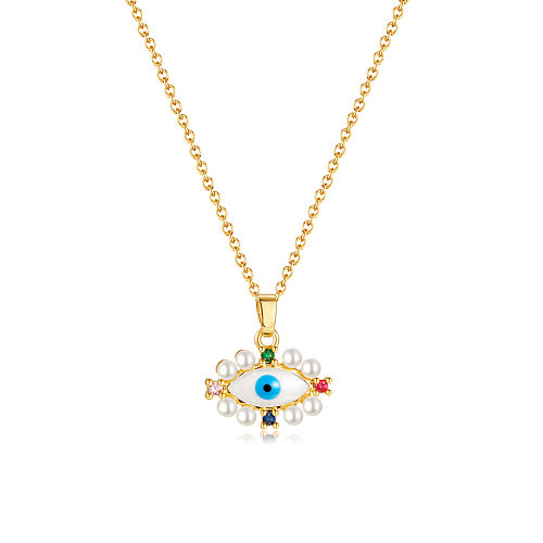 Vintage Style Devil'S Eye Titanium Steel Copper Inlay Artificial Pearls Zircon Pendant Necklace