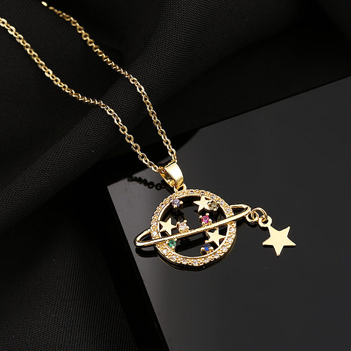 European And American Internet Hot Ins Style Planet Necklace Copper Micro Inlay Color Zircon Personality Planet Pendant Plated 18K Gold Necklace Female