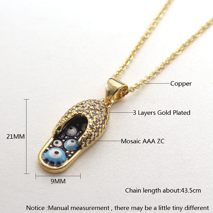 Chinelos de estilo étnico olho cobre incrustado zircão colar com pingente banhado a ouro 18K