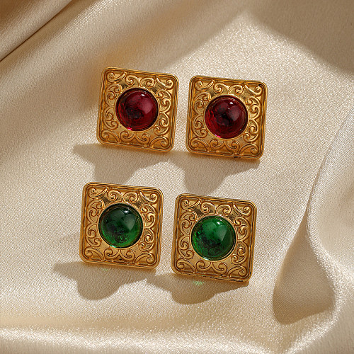 1 Pair Classical Retro Commute Square Plating Inlay Copper Resin 18K Gold Plated Ear Studs