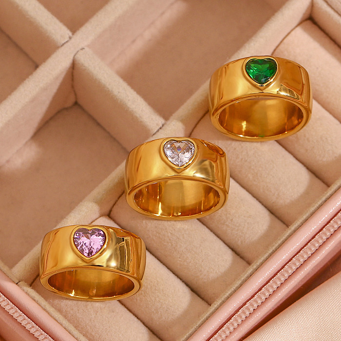Wholesale INS Style Heart Shape Stainless Steel 18K Gold Plated Zircon Wide Band Ring