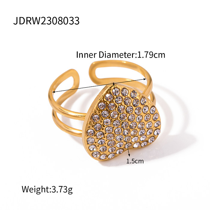 IG Style Shiny Heart Shape Stainless Steel Plating Inlay Rhinestones 18K Gold Plated Open Rings