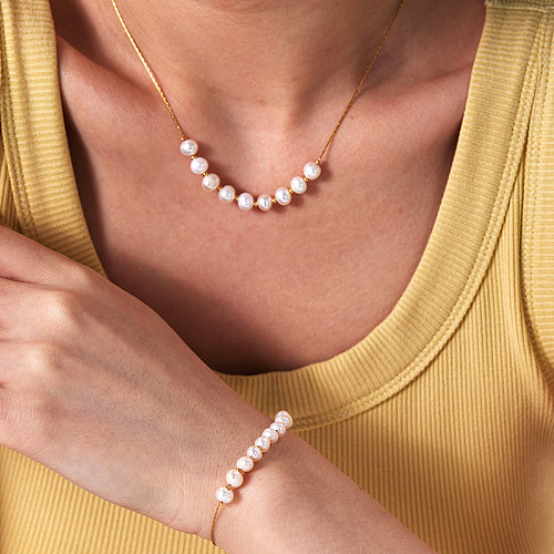 Collier de bracelets plaqués or 18 carats pour femmes, Style coréen, géométrique, en acier inoxydable, plaqué de perles d'eau douce