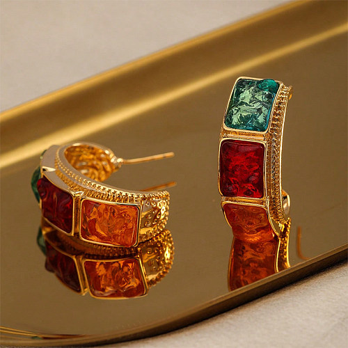 1 par de pendientes de cristal de cobre con incrustaciones rectangulares en forma de C estilo Vintage Glam