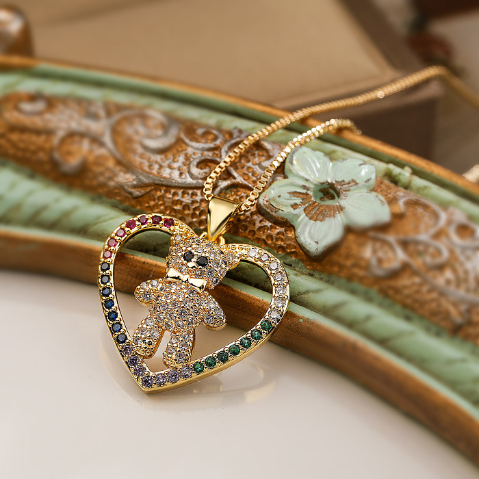 Schlichter Stil, Pendel-Halskette mit Anhänger in Tier-Herzform, Kupferbeschichtung, Inlay aus Zirkon, 18 Karat vergoldet