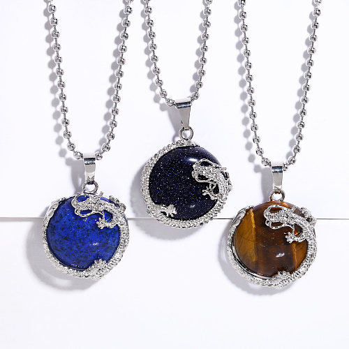 Ethnic Style Round Dragon Copper Plating Natural Stone Crystal Agate Pendant Necklace 1 Piece