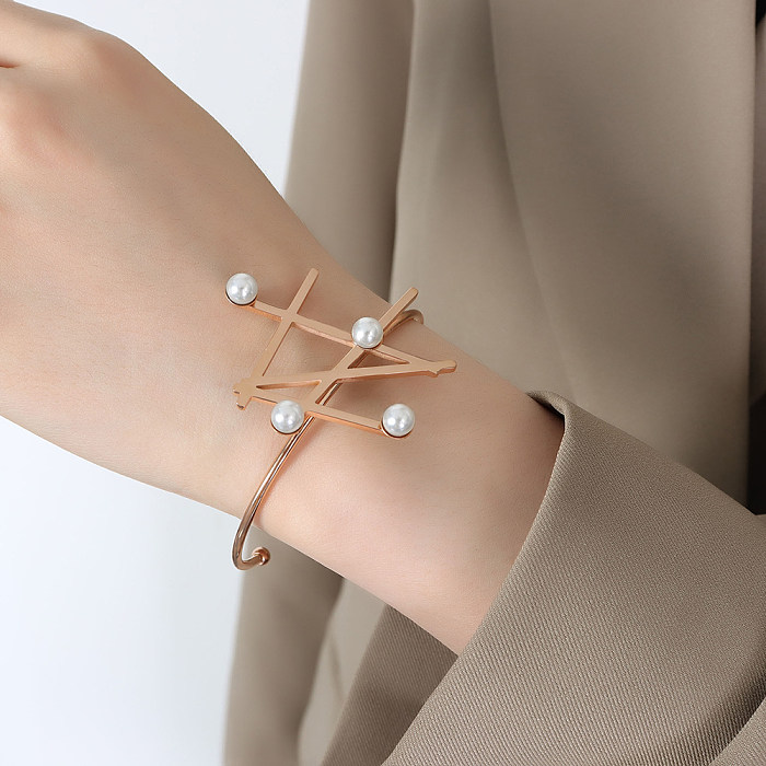 Élégant style baroque perle titane acier placage perles artificielles plaqué or 18 carats anneaux bracelets
