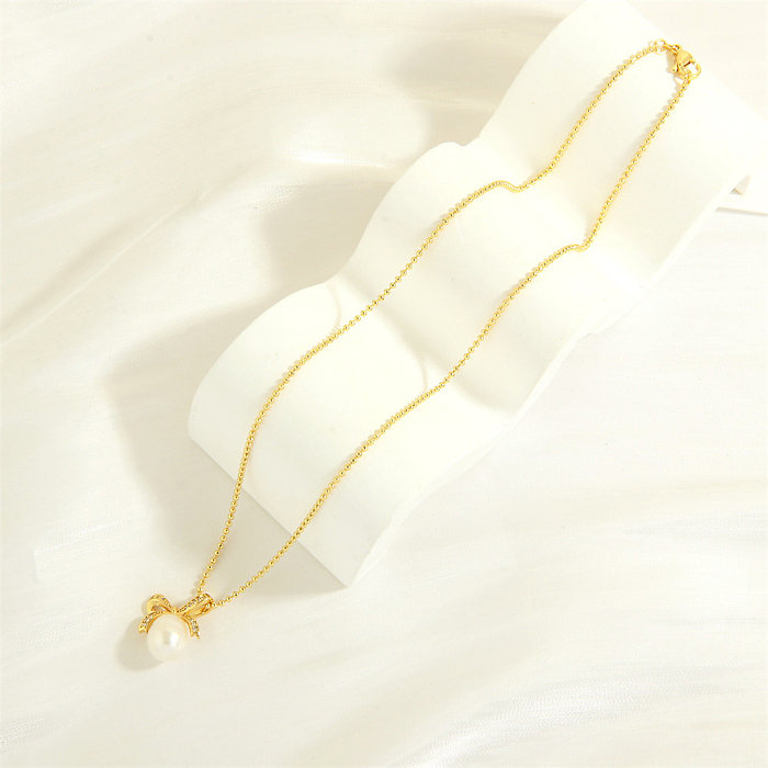 Elegant Simple Style Bow Knot Freshwater Pearl Copper Plating Inlay Zircon 18K Gold Plated Pendant Necklace